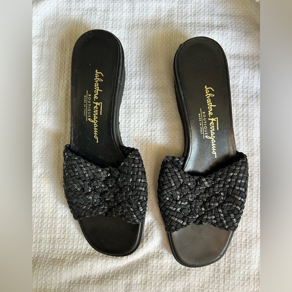 Vintage 90s Salvatore Ferragamo Black Woven Slide Sandals.